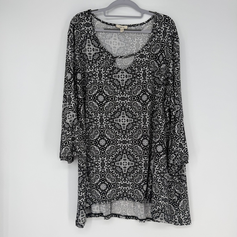 Como Blu Tunic Top Women 3X Black White Medallion Bell Sleeve Boho Peasant Retro